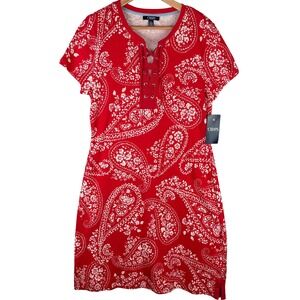 NWT Chaps Dress Bandana Print Red L Tie Front Short Sleeve Casual Fourth of July